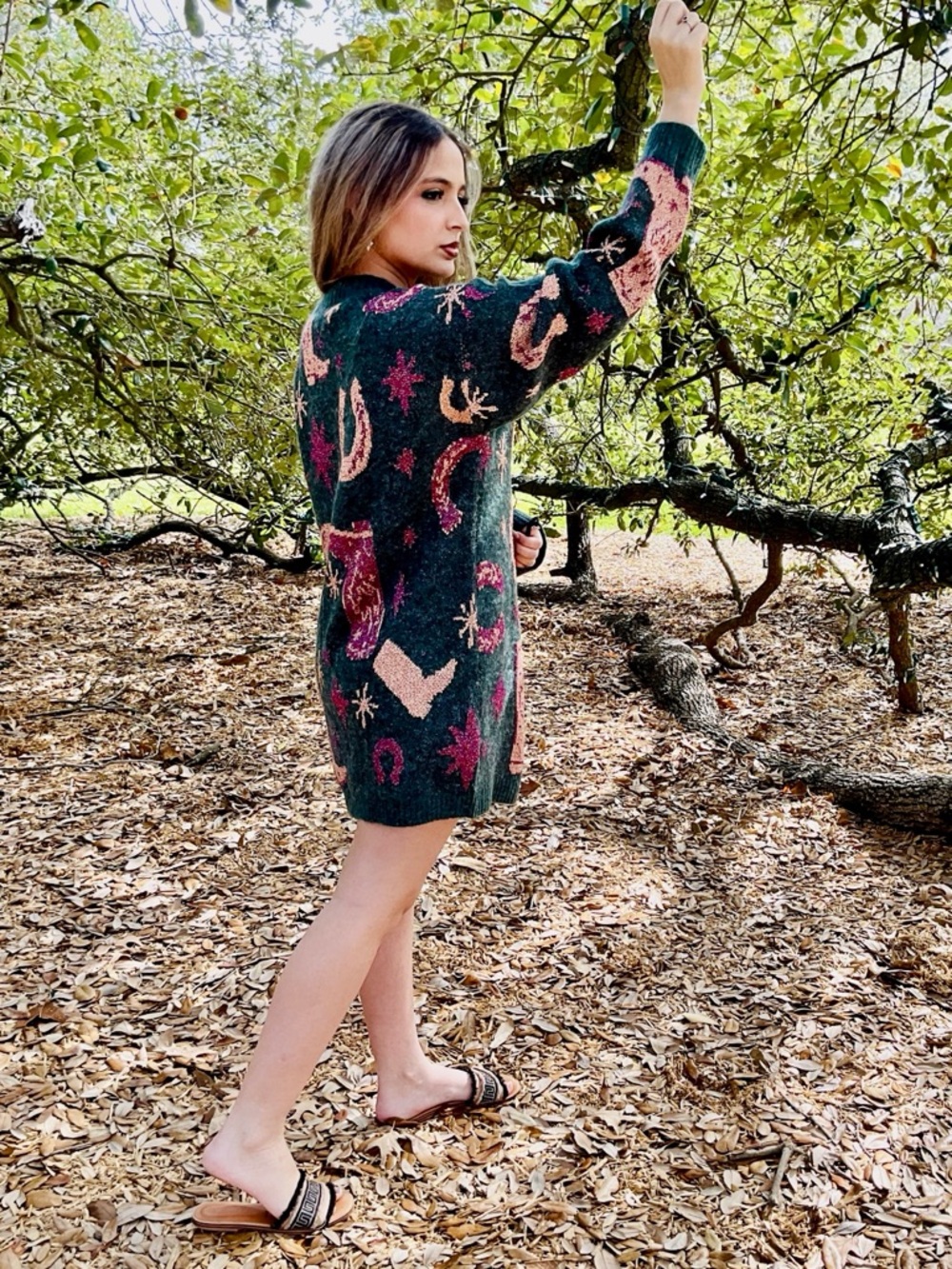Women Green Knit Dress with Pink Western Motif